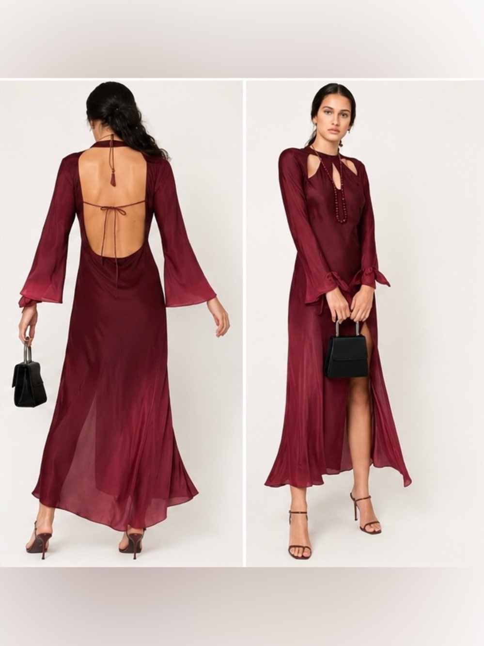 RIXO Wine-Red Open-Back Silk Maxi Dress